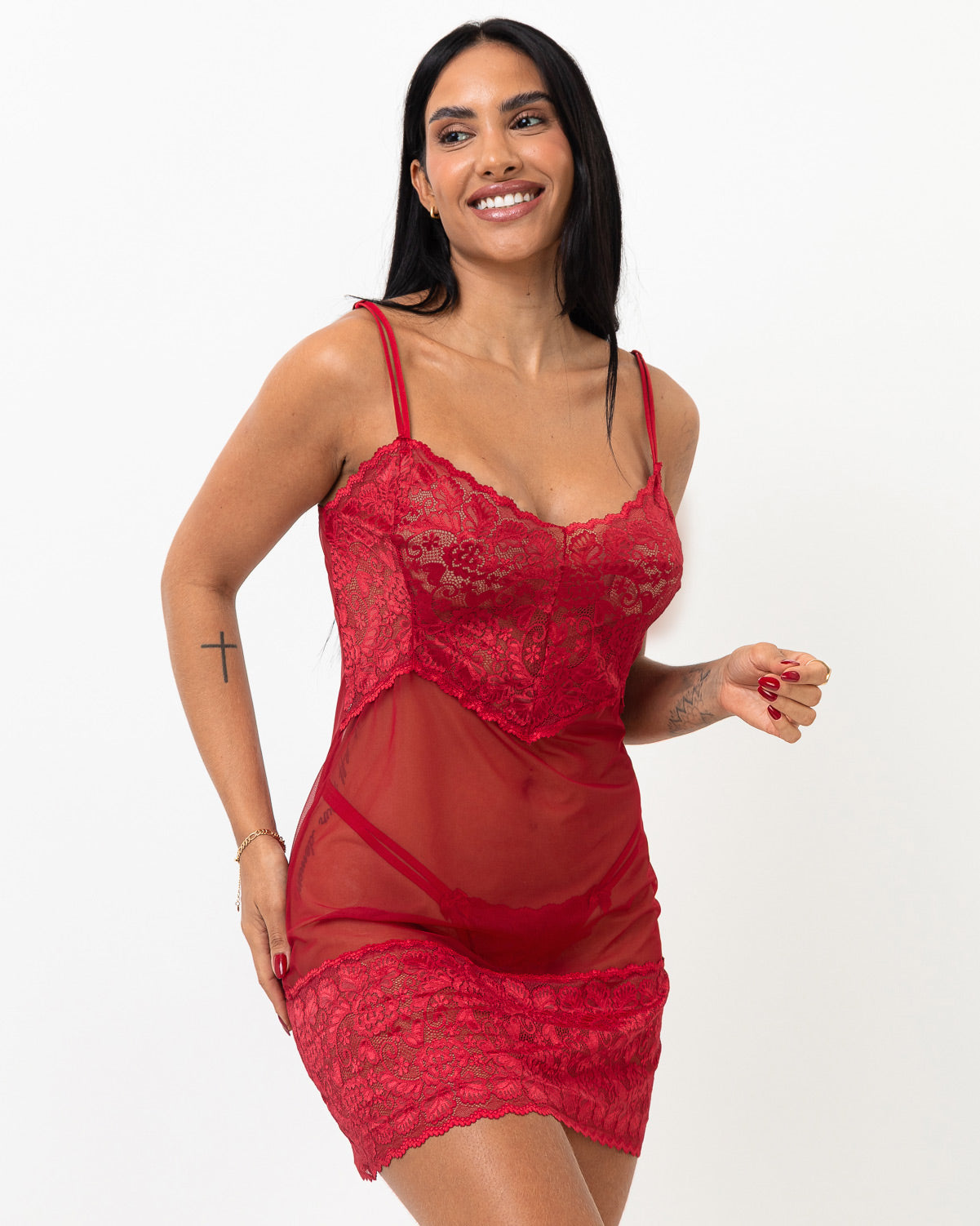Camisola de Tule Transparente com Renda e Alças Reguláveis Jéssica