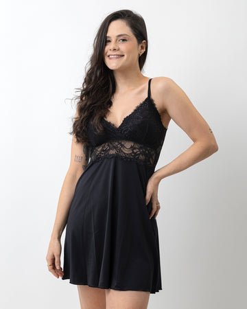 Camisola de Liganete Acinturada com Renda Chantilly e Bojo Forrado Crys